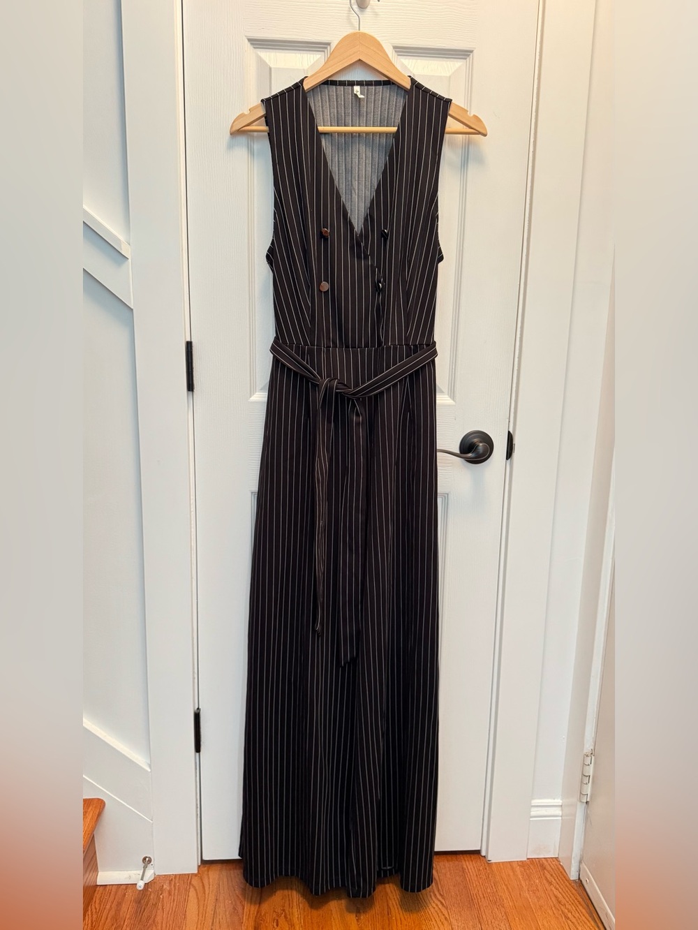 HALARA Black Pinstripe Sleeveless Jumpsuit with Waist Tie